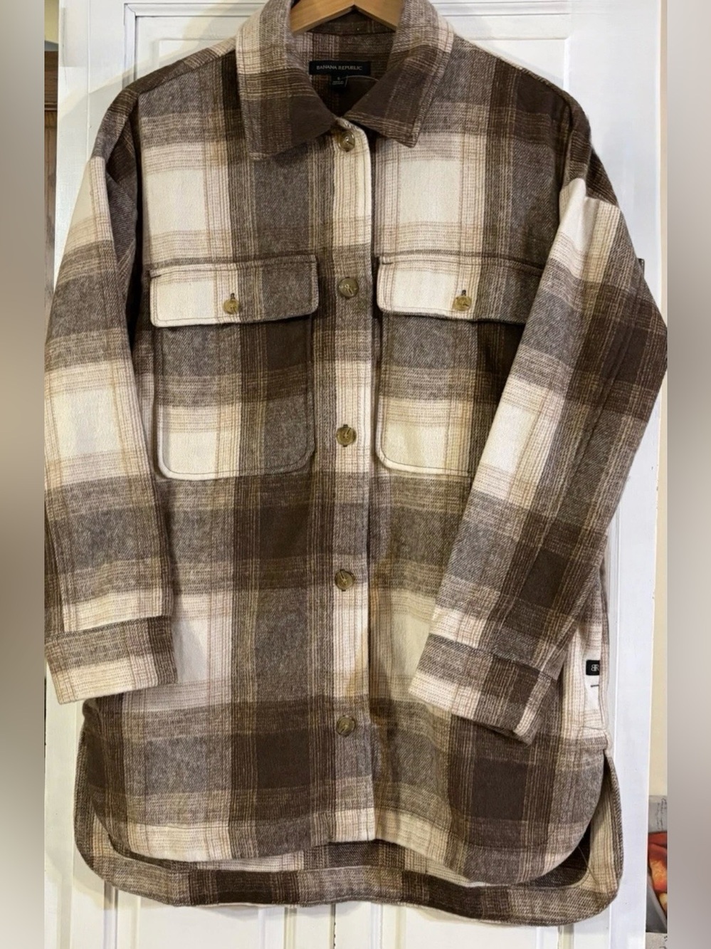 Banana Republic Flannel Shirt Jacket Brown/Cream Plaid Oversized Womens Small